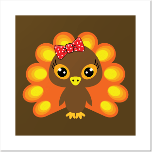 🦃 Cute turkey girl with a red bow Posters and Art